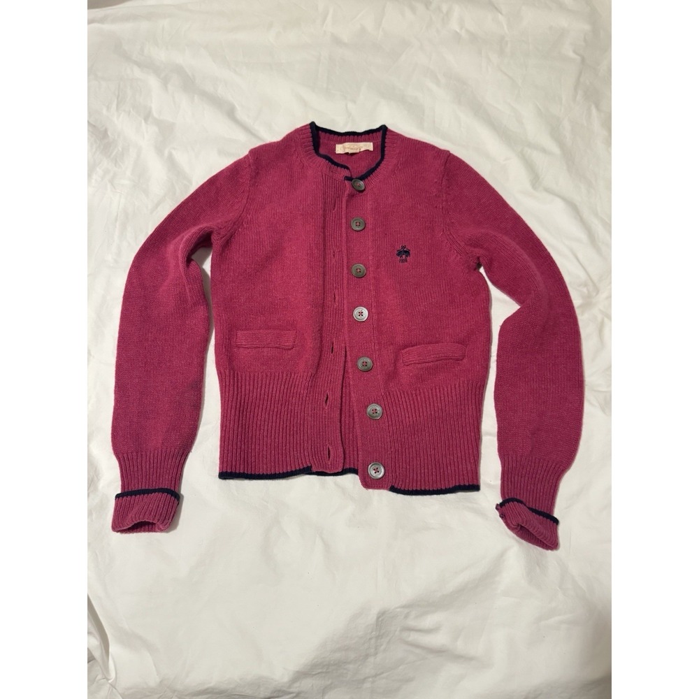 Vintage Brooks Brothers Magenta Pink Wool Cardigan Sweater Navy Trim Small